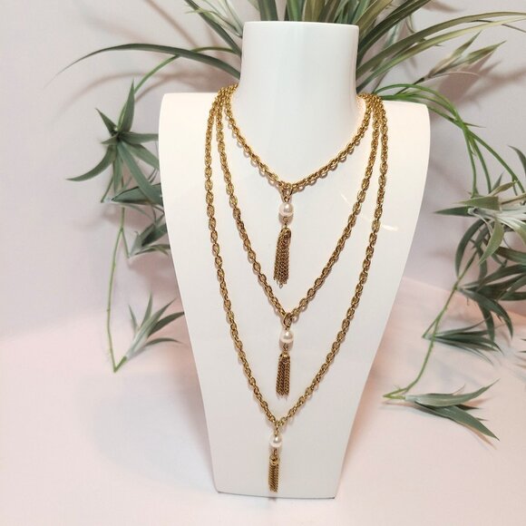Jewelry - Vintage Gold-Tone Layered Chain Necklace with Faux Pearl & Tassel Drops